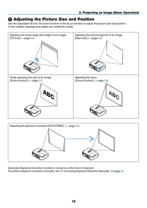 Page 2919
2. Projecting an Image (Basic Operation)
 Adjusting the Picture Size and Position
Use	the	adjustable	tilt	foot,	the	zoom	function	or	the	focus	function	to	adjust	the	picture	size	and	position.
In this chapter drawings and cables are omitted for clarity.
Adjusting	the	throw	angle	(the	height	of	an	image)
[Tilt	foot]	(→	page	20)
Adjusting	the	left	and	right	tilt	of	an	image
[Rear	foot]	(→	page	20)
Finely	adjusting	the	size	of	an	image
[Zoom	function]	(→	page	21)
Adjusting	the	focus
[Focus	function]	(→...