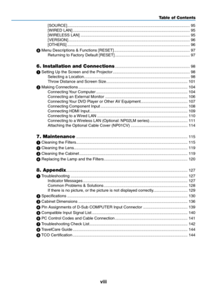 Page 10viii
Table of Contents
[SOURCE]........................................................................\
...................................... 95
[WIRED	LAN] ........................................................................\
.................................95
[WIRELESS	LAN]  ........................................................................\
..........................95
[VERSION]
  ........................................................................\...