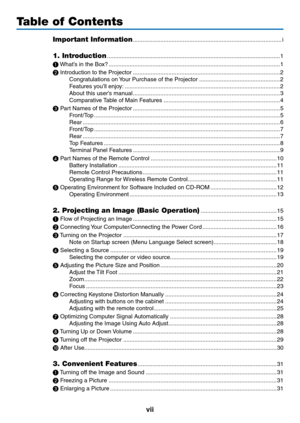 Page 9vii
Table of Contents
Important Information ........................................................................\
....................i
1. Introduction  ........................................................................\
...................................1
❶
	 What’s	in	the	Box? ........................................................................\
..................................1
❷
	Introduction	to	the	Projector  ........................................................................\...