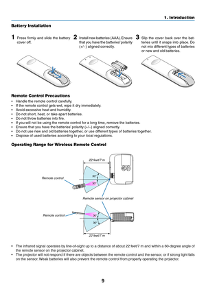 Page 199
1. Introduction
Remote Control Precautions
•	 Handle	the	remote	control	carefully.
•	 If	the	remote	control	gets	wet,	wipe	it	dry	immediately.
•	 Avoid	excessive	heat	and	humidity.
•	 Do	not	short,	heat,	or	take	apart	batteries.
•	 Do	not	throw	batteries	into	fire.
•	 If	you	will	not	be	using	the	remote	control	for	a	long	time,	remove	the	batteries.
•	 Ensure	that	you	have	the	batteries’	polarity	(+/−)	aligned	correctly.
•	 Do	not	use	new	and	old	batteries	together,	or	use	different	types	of	batteries...