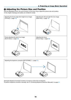 Page 2818
2. Projecting an Image (Basic Operation)
 Adjusting the Picture Size and Position
Use	the	adjustable	tilt	foot,	the	zoom	function	or	the	focus	ring	to	adjust	the	picture	size	and	position.
In	this	chapter	drawings	and	cables	are	omitted	for	clarity.
Adjusting	the	throw	angle	(the	height	of	an	image)
[Tilt	foot]	(→	page	19)
Adjusting	the	left	and	right	tilt	of	an	image
[Rear	foot]	(→	page	19)
Finely	adjusting	the	size	of	an	image
[Zoom	lever]	(→	page	20)
Adjusting	the	focus
[Focus	ring]	(→	page	20)...