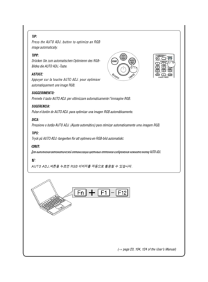 Page 3FnF1F12
(→ page 23, 104, 124 of the User’s Manual)
TIP:
Press  the  AUTO  ADJ.  button  to  optimize  an  RGB 
image automatically.
TIPP:
Drücken Sie zum automatischen Optimieren des RGB-
Bildes die AUTO ADJ.-Taste.
ASTUCE:
Appuyer  sur  la  touche  AUTO  ADJ.  pour  optimiser 
automatiquement une image RGB.
SUGGERIMENTO:
Premete il tasto AUTO ADJ. per ottimizzare automaticamente l’immagine\
 RGB.
SUGERENCIA:
Pulse el botón de AUTO ADJ. para optimizar una imagen RGB automáti\
camente.
DICA:
Pressione o...