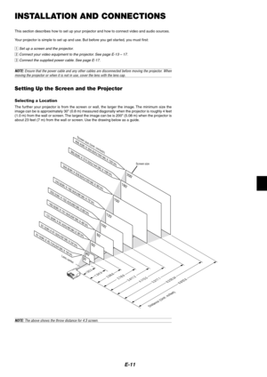 Page 11E-11
INSTALLATION AND CONNECTIONS
This section describes how to set up your projector and how to connect video and audio sources.
Your projector is simple to set up and use. But before you get started, you must first:
z
Set up a screen and the projector.
xConnect your video equipment to the projector. See page E-13 – 17.
cConnect the supplied power cable. See page E-17.
NOTE: Ensure that the power cable and any other cables are disconnected before moving the projector. Whenmoving the projector or when it...