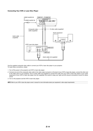 Page 14E-14
PC CONTROL
COMPUTER INDVI-D IN SC TRIGGER
VIDEO IN S-VIDEO INS-VIDEO S-VIDEORGB/DVI
RGB/DVI VIDEO
VIDEO AUDIO INAUDIO INCOMPONENTYCb/Pb Cr/Pr
VIDEO INS-VIDEO IN
AUDIO OUTRL
VIDEO OUT
S-VIDEO OUT
AUDIO INLR
VCR/ Laser disc player
Connecting Your VCR or Laser Disc Player
Audio equipment S-video cable (supplied)
Composite video
cable (supplied)
Audio cable (not supplied)
Use the supplied composite video cable to connect your VCR or laser disc player to your projector.
To make these connections,...