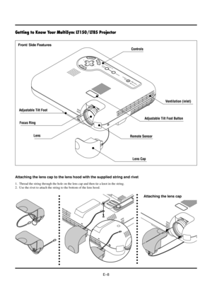 Page 11EÐ8
MENUENTERCANCEL
SELECT
AUTO
ADJUST
PC  CARD  ACCESS
STATUS
POWERON /
STAND BYSOURCE
Getting to Know Your MultiSync LT150/LT85 Projector
Controls
Focus RingAdjustable Tilt Foot Button
Remote SensorVentilation (inlet)
Adjustable Tilt Foot
Lens
Lens Cap
Attaching the lens cap to the lens hood with the supplied string and rivet
Front/ Side Features
1. Thread the string through the hole on the lens cap and then tie a knot in the string.
2. Use the rivet to attach the string to the bottom of the lens...