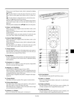 Page 18EÐ15
KEYSTONE
FREEZE
PIC-
MUTE
HELPPOINTERPC CARD
VIDEO S-
VIDEOAUTO ADJ.
RGB 1
MENU LASER
R-CLICK /CANCEL
RGB 2 PJ
ON OFF
MAGNIFY
VOL.
SLIDE
FOLDER
SLIDE
LIST
17*
18*
19
20
21
22
2316
24*
25
26*
27*
15
When you are in the Projector mode, which is indicated by lighting
the PJ button:
st: Use these buttons to select the menu of the item you wish to
adjust. When no menus appear, these buttons work as a volume con-
trol.
§ ©: Use these buttons to change the level of a selected menu item.
A press of the 
©...
