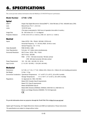 Page 58EÐ55
6. SPECIFICATIONS
This section provides technical information about the MultiSync LT150/LT85 Projectors performance
Model Number LT150 / LT85
Optical
DMDª Single Chip Digital Micromirror Device(DMDª), 1024x768 dots (LT150) / 800x600 dots (LT85)
Lens Manual focus: F3.0  f = 20.3 mm
Lamp 130 W DC lamp
(The lamp is warranted for 1000 hours of operation time within 6 months.)
Image Size 36 - 200 inches (0.9 - 5.1 m) diagonal
Projection Distance LT150: 3.9-21.8 ft (1.2 -6.63 m), LT85: 3.9 - 22.6 ft (1.2...