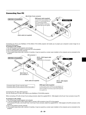 Page 22E – 19
C CARD
PC CONTROLVIDEO
DVI-DUSBS-VIDEO
AUDIO
MENUENTERCANCELSELECT
POWER STATUS ON
/STAND BY
SOURCE
AUTO
 
ADJUST
PC  CARD 
ACCESS
A
C
  I
N
EO
DVI-DS-VIDEO
AUDIODVI
AUDIO
MENUENTERCANCELSELECT
POWER STATUS ON
/STAND BY
SOURCE
AUTO
 
ADJUST
PC  CARD 
ACCESS
A
C
  IN
C CARD
PC CONTROLVIDEO
RGBUSBS-VIDEO
AUDIO
RGB
S-VIDEO
AUDIO DEORGB INPUT
AUDIO
Audio cable (not supplied)
Connecting Your PC
Connecting your PC to your MultiSync LT155 (XGA)/ LT154 (XGA) projector will enable you to project your...