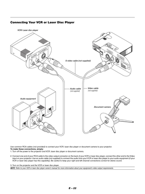 Page 25E – 22
MENU
ENTERCANCELSELECT
POWER STATUS ON
/STAND BY
SOURCE
AUTO
 
ADJUST
PC  CARD 
ACCESS
A
C
 
 
I
N
C
 
C
A
R
D
P
C
 
C
O
N
T
R
O
LV
I
D
E
OR
G
B
U
S
BS
-
V
I
D
E
OA
U
D
I
O
RGB
S-VIDEO
PC CONTROLVIDEO
USBS-VIDEO
VIDEO
R     LS-VIDEO
AUDIO
R        L AUDIO
VIDEO
VCR/ Laser disc player
S-video cable (not supplied)
Audio equipment
Connecting Your VCR or Laser Disc Player
Use common RCA cables (not provided) to connect your VCR, laser disc player or document camera to your projector.
To make these...