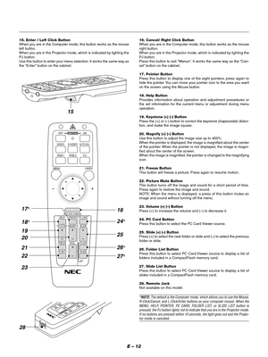 Page 15E – 12
16. Cancel/ Right Click Button
When you are in the Computer mode, this button works as the mouse
right button.
When you are in the Projector mode, which is indicated by lighting the
PJ button:
Press this button to exit Menus. It works the same way as the “Can-
cel” button on the cabinet.
17. Pointer Button
Press this button to display one of the eight pointers; press again to
hide the pointer. You can move your pointer icon to the area you want
on the screen using the Mouse button.
18. Help...