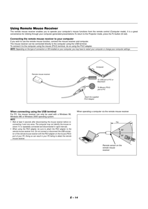 Page 18E – 14
Using Remote Mouse ReceiverThe remote mouse receiver enables you to operate your computer’s mouse functions from the remote control (Computer mode). It is a great
convenience for clicking through your computer-generated presentations.To return to the Projector mode, press the PJ button (lit red).
Connecting the remote mouse receiver to your computerIf you wish to use the remote mouse function, connect the mouse receiver and computer.
The mouse receiver can be connected directly to the computer...