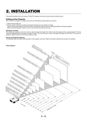 Page 20E – 16
2. INSTALLATION
This section describes how to set up your LT158/LT157 projector and how to connect video and audio sources.
Setting up Your ProjectorYour LT158/LT157 Projector is simple to set up and use. But before you get started, you must first:
1. Determine the image size.
2. Set up a screen or select a non-glossy white wall onto which you can project your image.
Ensure that the power cable and any other cables connecting to video sources are disconnected before moving the projector.
When...