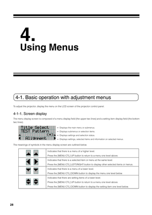 Page 28
28
4-1. Basic operation with adjustment menus
To adjust the projector, display the menu on the LCD screen of the projector control panel.
4-1-1. Screen display
The menu display screen is composed of a menu display field (the upper two lines) and a se\
tting item display field (the bottom
two lines).
← Displays the main menu or submenus. 
←  Displays submenus or selection items. 
←  Displays settings and selection status. 
←  Displays settings, selected items and information on selected menus. 
The...