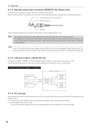 Page 50
50
6. Appendix
6-7-2. Remote control input connector (REMOTE IN) (Stereo mini)
Connected with the projector’s remote control the accessory remote cable.
When the remote cable is connected to this connector, the remote cable connector operates with the following functions.
DC power supply unit for remote control
Remote signal unit
GND unit
The DC voltage supplied from the projector to the remote control is approximately +4.0 V.
NOTEThe remote control cable is connected first to the remote control, then...