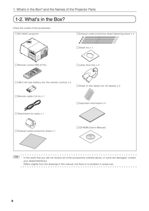 Page 8
1. What’s in the Box? and the Names of the Projector Parts
8
1-2. What’s in the Box?
Check the content of the accessories.
NC1600C projector
Remote control (RD-371E)
UM-3 AA size battery (for the remote control) x 2
Remote cable (16 m) x 1
Attachment for lamp x 1
Exhaust outlet protective sheet x 1Exhaust outlet protective sheet fastening band x 4
Small iris x 1
Lamp door key x 2
Sheet of title labels (for 20 labels) x 2
Important Information x1
CD-ROM (
User’s Manual)
TIP
○○○○○○○○○○○○○○○○○○\
○○○...