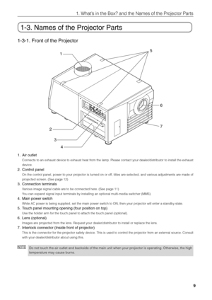 Page 9
9
1. What’s in the Box? and the Names of the Projector Parts
1-3. Names of the Projector Parts
1-3-1. Front of the Projector
1
2 3
4 5
6
7
1. Air outlet
Connects to an exhaust device to exhaust heat from the lamp. Please contact your dealer/distributor to install the exhau\
st
device.
2. Control panel
On the control panel, power to your projector is turned on or off, titles are selected, and various adjustments are made of
projected screen. (See page 12)
3. Connection terminals
Various image signal...