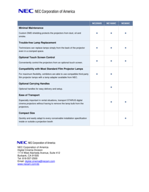Page 2
 
 
  NC2500S NC1600C NC800C 
Minimal Maintenance  
Custom DMD shielding protects the projectors from dust, oil and 
smoke.  
z z z 
Trouble-free Lamp Replacement  
Technicians can replace lamps simply from the back of the projector 
even in a cramped space.  
z z z 
Optional Touch Screen Control  
Conveniently control the projectors from an optional touch screen.  z z z 
Compatibility with Most Standard Film Projector Lamps  
For maximum flexibility, exhibitors are able to use compatible third-party...