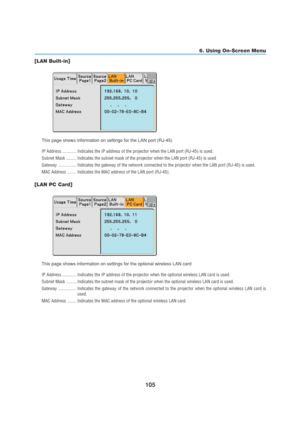 Page 115105
6. Using On-Screen Menu
[LAN Built-in]
This page shows information on settings for the LAN port (RJ-45)
IP Address ............. Indicates the IP address of the projector when the LAN port (RJ-45) is used.
Subnet Mask ......... Indicates the subnet mask of the projector when the LAN port (RJ-45) is used
Gateway ................ Indicates the gateway of the network connected to the projector when the LAN port (RJ-45) is used.
MAC Address ........ Indicates the MAC address of the LAN port (RJ-45).
[LAN...