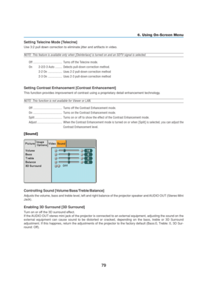 Page 8979
6. Using On-Screen Menu
[Sound]
Controlling Sound [Volume/Bass/Treble/Balance]
Adjusts the volume, bass and treble level, left and right balance of the projector speaker and AUDIO OUT (Stereo Mini
Jack).
Enabling 3D Surround [3D Surround]
Turn on or off the 3D surround effect.
If the AUDIO OUT stereo mini jack of the projector is connected to an external equipment, adjusting the sound on the
external equipment can cause sound to be distorted or cracked, depending on the bass, treble or 3D Surround...