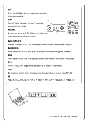 Page 3FnF1F12
(→  page 11, 70 of the User’s Manual)
TIP:
Press the AUTO ADJ. button to optimize a computer 
image automatically.
TIPP:
Tast AUTO ADJ. betätigen, um das Computerbild 
automatisch einzustellen.
ASTUCE:
Appuyez sur la touche AUTO ADJ pour optimiser une 
image d’ordinateur automatiquement.
SUGGERIMENTO:
Premete il tasto AUTO ADJ. per ottimizzare automaticamente l’immagine\
 del computer.
SUGERENCIA:
Pulse el botón AUTO ADJ. para optimizar automáticamente una imagen\
 de ordenador.
DICA:
Prima o...