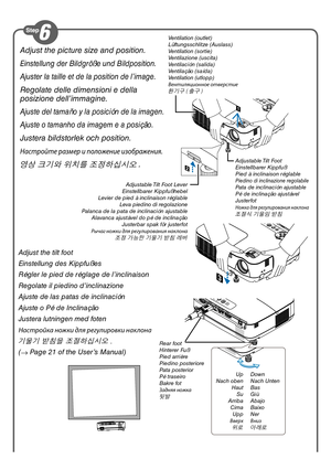 Page 4Adjust the tilt foot
Einstellung des Kippfußes
Régler le pied de réglage de l’inclinaison
Regolate il piedino d’inclinazione
Ajuste de las patas de inclinación
Ajuste o Pé de Inclinação
Justera lutningen med foten
Настро\bка ножки для ре\fулировки наклона
기울기 받침을 조절하십시오 .
(→  Page 21 of the User’s Manual)
Rear foot
Hinterer Fuß
Pied arrière
Piedino posteriore
Pata posterior
Pé traseiro
Bakre fot
Задняя ножка
뒷발
Up
Nach oben HautSu
Arriba Cima Upp
Вверх
위로
Down
Nach Unten
Bas
Giù
Abajo
Baixo
Ner
Вниз
아래로...