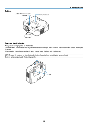 Page 19
5
1. Introduction
Bottom
Carrying handle
Carrying the Projector
Always carry your projector by the handle.
Ensure that the power cable and any other cables connecting to video sources are disconnected before moving the 
projector.
When moving the projector or when it is not in use, cover the lens with the lens cap.
NOTE: To stand the projector on its end, do so by holding the cabinet, not by h\
olding the carrying handle.
Doing so can cause damage to the carrying handle.
anti-theft screw for lens(→ page...