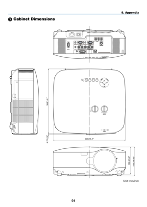 Page 10291
8. Appendix
 Cabinet Dimensions
µƒ”Ü
150.5/5.9"358/14.1"
4.7/0.19"
168.3/6.63"
399/15.7"
Unit: 	mm/inch 