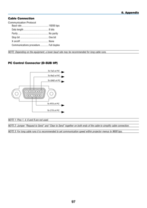 Page 10897
8. Appendix
NOTE	1:	Pins	1,	4,	6	and	9	are	not	used.
NOTE	2:	Jumper	“Request	to	Send”	and	“Clear	to	Send”	together	on	both	ends	of	the	cable	to	simplify	cable	connection.
NOTE 3: For long cable runs it is recommended to set communication speed\
 within projector menus to 9600 bps.
15243
67 9
8
To	GND	of	PC
To	RxD	of	PC
To	 TxD	of	PC
To	RTS	of	PC
To	CTS	of	PC
PC Control Connector (D-SUB 9P)
Cable Connection
Communication	Protocol
Baud rate ������������������������������������������19200 bps
Data length...