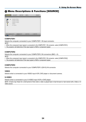 Page 65 Menu Descriptions & Functions [SOURCE]
COMPUTER1
Selects	the	computer	connected	to	your	COMPUTER	1	IN	input	connector.
NOTE:
•	 When	the	component	input	signal	is	connected	to	the	COMPUTER	1	IN	connector,	select	[COMPUTER1].
•	 The	projector	will	determine	if	the	input	signal	is	RGB	or	component	signal.
COMPUTER2
Selects	the	computer	connected	to	your	COMPUTER	2	IN	connectors	(BNC	×	5).
NOTE:
•	 When	the	component	input	signal	is	connected	to	the	COMPUTER	2	IN	connector,	select	[COMPUTER2].
•	 The...