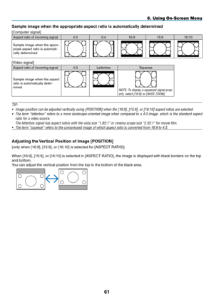 Page 72Sample	image	when	the	appropriate	aspect	ratio	is	automatically	determined
[Computer	signal]
Aspect	ratio	of	incoming	signal4:35:416:915:916:10
Sample	image	when	the	appro-priate	aspect	ratio	is	automati-cally	determined
[Video	signal]
Aspect	ratio	of	incoming	signal4:3LetterboxSqueeze
Sample	image	when	the	aspect	ratio	is	automatically	deter-minedNOTE:	To	display	a	squeezed	signal	prop-erly,	select	[16:9]	or	[WIDE	ZOOM].
TIP:
•	 Image	position	can	be	adjusted	vertically	using	[POSITION]	when	the	[16:9],...