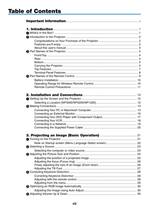 Page 9vii
Table of Contents
Important Information ........................................................................\
....................i
1. Introduction  ........................................................................\
..................................1
	 What’s	in	the	Box? ........................................................................\
.................................1
	Introduction	to	the	Projector  ........................................................................\...