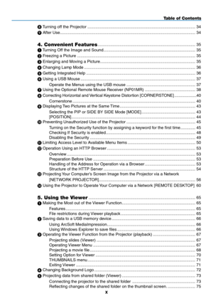 Page 12
x
Table of Contents
 Turning off the Projector ........................................................................\
......................34
 After Use........................................................................\
..............................................34
4. Convenient Features ........................................................................\
.............35
 Turning Off the Image and Sound ........................................................................\...