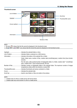 Page 83
9
5. Using the Viewer
NOTE: 
• The icon [  ] shows that the file cannot be displayed in the thumbnail screen.
•  The “MPG” or “WMV” icon shows that the movie file cannot be displayed in the \
thumbnail screen.
Highlight....................................Indicates.the.selected.folder.or.drive.
List.of.folders.............................Indicates.folders.contained.on.a.USB.memory.
Information................................Indicates.information.of.the.selected.file.or.folder.
Folder:. folder.name,....