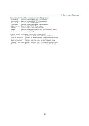 Page 6252
Source Select: This switches the input connector of the projector.
Computer1 ...... Switches to the COMPUTER 1 IN connector.
Computer2 ...... Switches to the COMPUTER 2 IN connector.
Computer3 ...... Switches to the COMPUTER 3 IN connector.
Component ..... Switches to the COMPONENT IN connectors.
Video ............... Switches to the VIDEO IN connector.
S-Video ........... Switches to the S-VIDEO IN connector.
Viewer ............. Switches to the data on the PC card or USB memory device.
LAN...