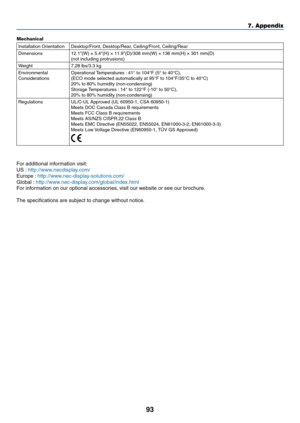 Page 10293
7. Appendix
Mechanical
Installation	OrientationDesktop/Front,	Desktop/Rear,	Ceiling/Front,	Ceiling/Rear
Dimensions12.1"(W)	×	5.4"(H)	×	11.9"(D)/308	mm(W)	×	136	mm(H)	×	301	mm(D)(not including protrusions)
Weight
7.28	lbs/3.3	kg
Environmental	ConsiderationsOperational	 Temperatures	: 	41°	to	104°F	(5°	to	40°C),	(ECO	mode	selected	automatically	at	95°F	to	104°F/35°C	to	40°C)	20%	to	80%	humidity	(non-condensing)	Storage	Temperatures	: 	14°	to	122°F	(-10°	to	50°C),	20%	to	80%	humidity...