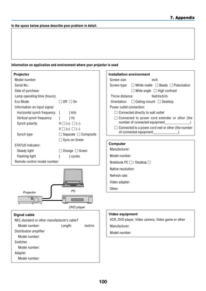 Page 109100
7. Appendix
In the space below please describe your problem in detail.
Information on application and environment where your projector is used
ProjectorModel number:
Serial No.:
Date of purchase:
Lamp operating time (hours):
Eco Mode:  Off  On
Information on input signal:
Horizontal synch frequency  [          ] kHz
Vertical synch frequency [          ] Hz
Synch polarity H  (+)   (−)
 V  (+)   (−)
Synch type  Separate   Composite
  Sync on Green
STATUS Indicator:
Steady light  Orange  ...