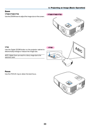 Page 3123
3. Projecting an Image (Basic Operation)
MEN US
ELE CTLAMP
STATUS POWERO N
/S
TA
ND
 B
YSOU R
CEA UT
O  
A DJ
.
EN
TEREX
I
T
F
O CU
SZOOM
M EN
USELECTLA M P
S TA T
U S
P O W E
RO
N/
ST AN D B YS
O
URC
EA
UTO
 A
DJ.
ENT ERE
XIT
F O C
US
Zoom
VT580/VT480/VT58
Use the ZOOM lever to adjust the image size on the screen.
VT48
Focus
Use the FOCUS ring to obtain the best focus.
VT580/VT480/VT58
F O CU SM
EN USEL
E C T
L A M P
S T
A T
U S
P O W E
RO
N/S TA
ND  BY SO
UR
CE AU
T
O  A D J.E
N
TE
RE
X
ITZ O O M
Z...