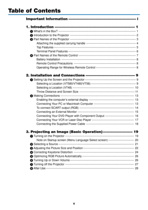 Page 7v
Table of Contents
Important Information ----------------------------------------------------------- i
1. Introduction ---------------------------------------------------------------------- 1
 Whats in the Box? ------------------------------------------------------------------------\
--------- 1
  Introduction to the Projector --------------------------------------------------------------------- 2
  Part Names of the Projector --------------------------------------------------------------------- 3...