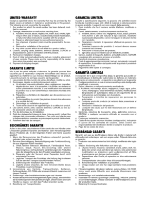 Page 2LIMITED WARRANTYExcept as specified below, the warranty that may be provided by the
dealer covers all defects in material or workmanship in this product.
The following are not covered by the warranty:
1. Any product on which the serial number has been defaced, mod-
ified or removed.
2. Damage, deterioration or malfunction resulting from;
a. Accident, misuse, abuse, neglect, fire, water, dust, smoke, light-
ning or other acts of nature, unauthorized product modification,
or failure to follow instructions...