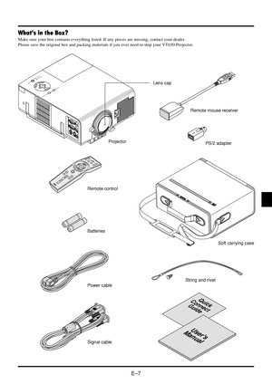 Page 13E–7
Whats in the Box?
Make sure your box contains everything listed. If any pieces are missing, contact your dealer.
Please save the original box and packing materials if you ever need to ship your VT650 Projector.
MENU
ENTERCANCELSELECT
POWER STATUS
ON/OFFSOURCE
AUTO ADJUST
RGB
INPUT
OUTPUTAUD
IN
OUT
PC-CONTROLS-VIDEOVID
Lens cap
Projector
String and rivet
SELECTEMNUTERNENCEACL
OFF
ONVIDEOS
-
V
ID
E
ORGBPOWER
PJ
MAGNIFYVOLUME HELPFREEZEPIC-MUTE
PICTUREASPECT
A
U
T
O
 A
D
J
.
Remote control
Power cable...