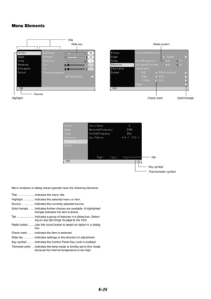 Page 27E-25
Menu windows or dialog boxes typically have the following elements:
Title .................... Indicates the menu title.
Highlight ............. Indicates the selected menu or item.
Source ................ Indicates the currently selected source.
Solid triangle ...... Indicates further choices are available. A highlighted triangle indicates the item is active.
Ta b..................... Indicates a group of features in a dialog box. Select-
ing on any tab brings its page to the front.
Radio button...