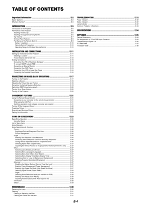 Page 6E-4
TABLE OF CONTENTS
Important Information ..................................................... E-2Safety Cautions ........................................................................\
....................................... E -2
Whats in the Box? ........................................................................\
.................................. E-3
INTRODUCTION .............................................................. E-5Introduction to the Projector...