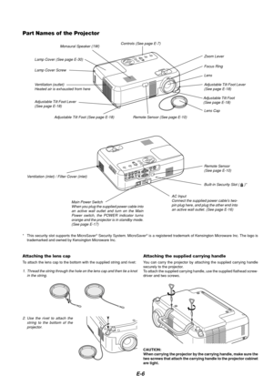 Page 8E-6
Part Names of the Projector
Ventilation (outlet)
Heated air is exhausted from here
* This security slot supports the MicroSaver® Security System. MicroSaver® is a registered trademark of Kensington Microware Inc. The logo is
trademarked and owned by Kensington Microware Inc.
Built-in Security Slot (  )*
Adjustable Tilt Foot Lever
(See page E-18)
Attaching the lens cap
To  attach the lens cap to the bottom with the supplied string and rivet:
Remote Sensor (See page E-10)
Controls (See page E-7)
V...