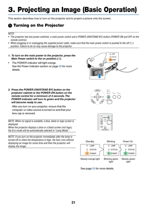 Page 2821
3. Projecting an Image (Basic Operation)
This section describes how to turn on the projector and to project a picture onto the screen.
 Turning on the Projector
NOTE:
•The projector has two power switches: a main power switch and a POWER (ON/STAND BY) button (POWER ON and OFF on the
remote control).
•When plugging in or unplugging the supplied power cable, make sure that the main power switch is pushed to the off (
)
position. Failure to do so may cause damage to the projector.
AC IN
ZOOM...