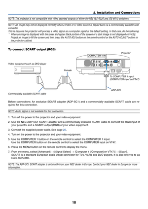 Page 25
18
NOTE: The projector is not compatible with video decoded outputs of eith\
er the NEC ISS-6020 and ISS-6010 switchers.
NOTE: An image may not be displayed correctly when a Video or S-Video so\
urce is played back via a commercially available scanconverter.This is because the projector will process a video signal as a computer \
signal at the default setting. In that case, do the fol lowing.
* When an image is displayed with the lower and upper black portion of the\
 screen or a dark image is not...