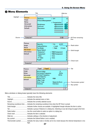 Page 44
37
5. Using On-Screen Menu
\f Menu Elements
Highlight
TitleSlide bar
Off Timer  remaining
timeSource
Radio button
Solid triangle
Check mark
Ta b
Thermometer symbolKe y symbol
Menu windows or dialog boxes typically have the following elements:
Title .......................................... Indicates the menu title.
Highlight ................................... Indicates the selected menu or item.
Source ...................................... Indicates the currently selected source.
Remaining countdown...