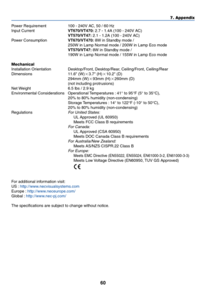 Page 67
60
7. Appendix
Po wer Requirement 100 - 240V AC, 50 / 60 Hz
Input Current VT670/VT470: 2.7 - 1.4A (100 - 240V AC)
VT570/VT47:  2.1 - 1.2A (100 - 240V AC)
Po wer Consumption VT670/VT470: 8W in Standby mode /
250W in Lamp Normal mode / 200W in Lamp Eco mode
VT570/VT47:  8W in Standby mode /
190W in Lamp Normal mode / 155W in Lamp Eco mode
Mechanical
Installation Orientation Desktop/Front, Desktop/Rear, Ceiling/Front, Ceiling/Rear
Dimensions 11.6 (W) 3.7 (H) 10.2 (D)
294mm (W) 93mm (H) 260mm (D)
(not...