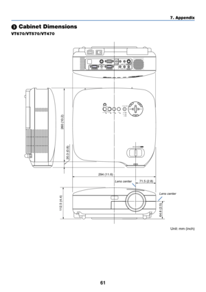 Page 68
61
7. Appendix
 Cabinet Dimensions
LAMP
STATUS
POWER VIDEO
AUTO
ADJ.
S-VIDEO COMPUTER-1 COMPUTER-2
ON/STAND BY
ZOOM FOCUS
SELECT
AC IN
AUDIO OUT
AUDIO
S-VIDEO IN COMPUTER 2 IN
VIDEO IN
COMPUTER 1 IN
MONITOR  OUT PC CONTROLL/MONOR
AUDIOL/MONOR
AUDIO
112.5 (4.4)
260 (10.2)
20.3 (0.8)
64.6 (2.5)
294 (11.6) 71.5 (2.8)
Lens center
Lens center
Unit: mm (inch)
VT670/VT570/VT470 
