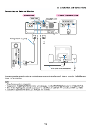 Page 24
16
2. Installation and Connections
Connecting an External Monitor
You can connect a separate, external monitor to your projector to simulta\
neously view on a monitor the RGB analog
image youre projecting.
NOTE: • Daisy chain connection is not possible.
• The signal from the COMPUTER 2 IN connector cannot be output from the MO\
NITOR OUT connector on VT695 and VT595.
• When the DVI Digital signal is selected, no signals will be output from \
the MONITOR OUT connector on VT695 and VT595.
•The...