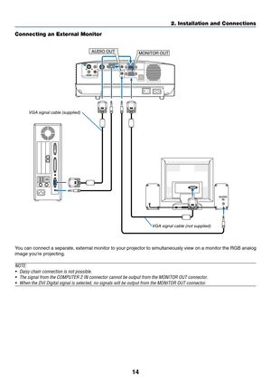 Page 22
14
2. Installation and Connections
Connecting an External Monitor
Y ou can connect a separate, external monitor to your projector to simulta\
neously view on a monitor the RGB analog
image youre projecting.
NOTE:
• Daisy chain connection is not possible.
• The signal from the COMPUTER 2 IN connector cannot be output from the MONITOR OUT connector.
•When the DVI Digital signal is selected, no signals will be output from the MONITOR OUT connector.
AUDIO
IN
AUDIO OUT
AUDIO IN
MONITOR OUT (COMP 1)
COMPUTER...